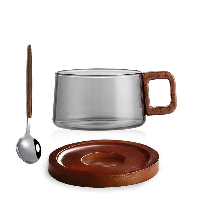 200ml Glass Coffee Mug With Wooden Tray And Spoon