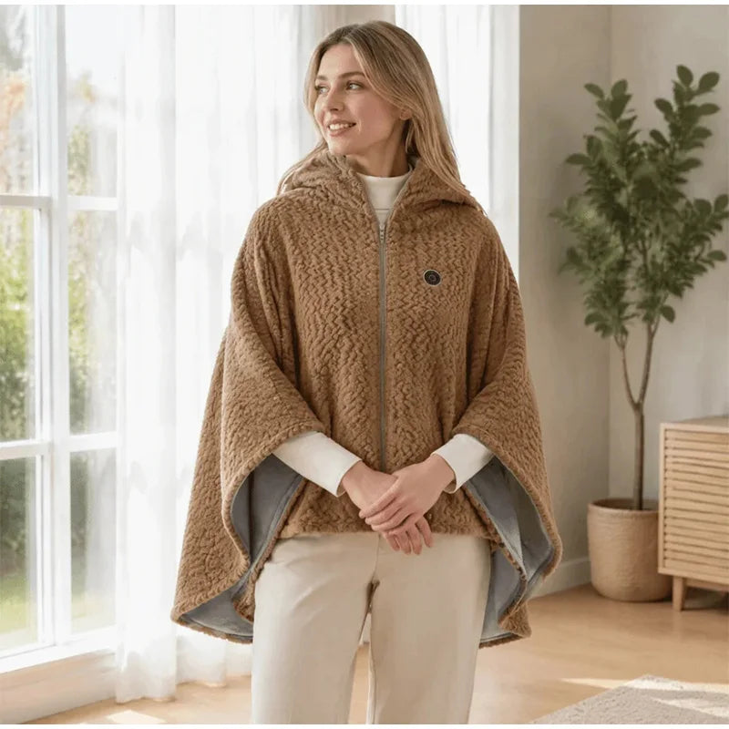 USB Wearable Heated Shawl Wrap Blanket with Hood Zipper
