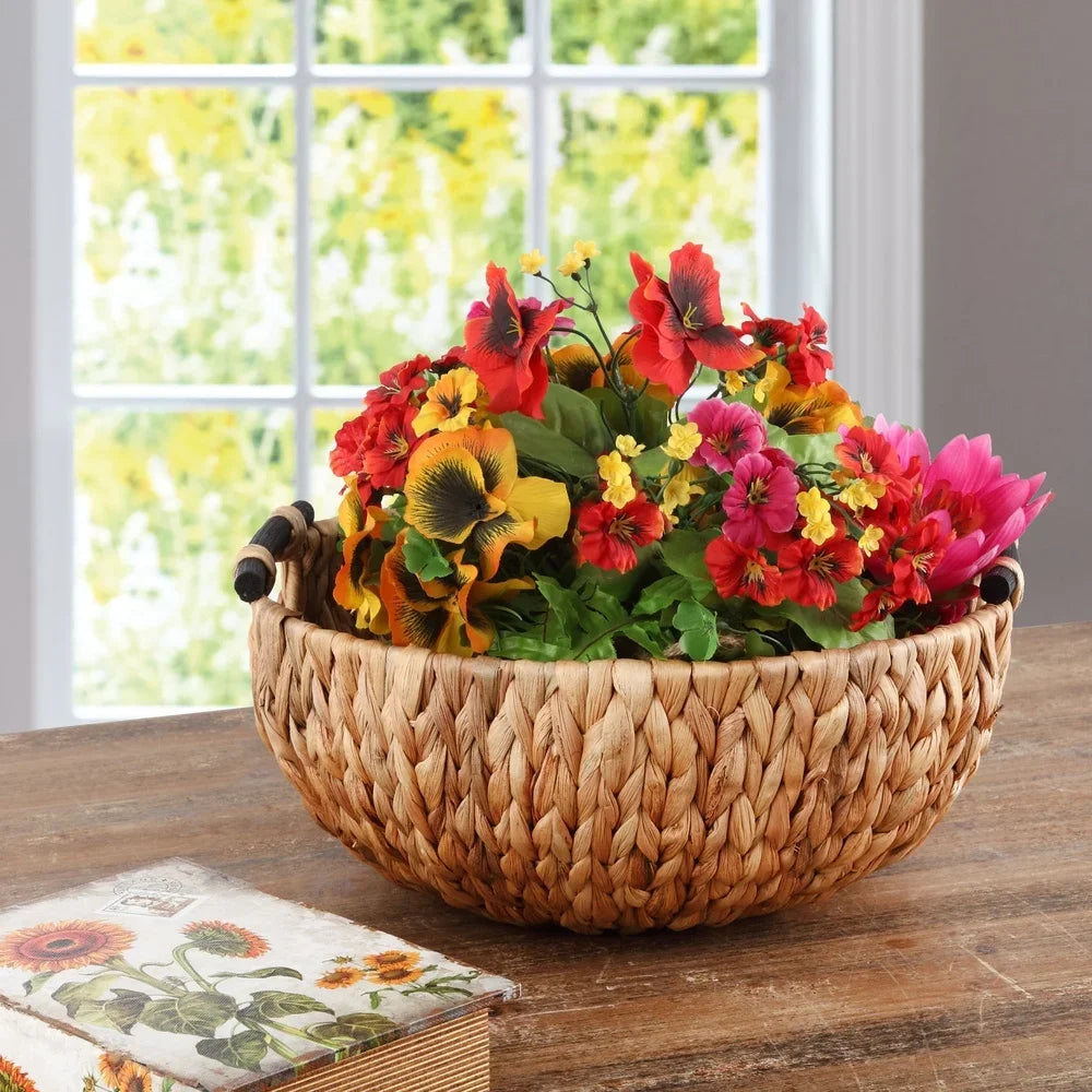 Natural Woven Decorative Bowl with Wooden Handles