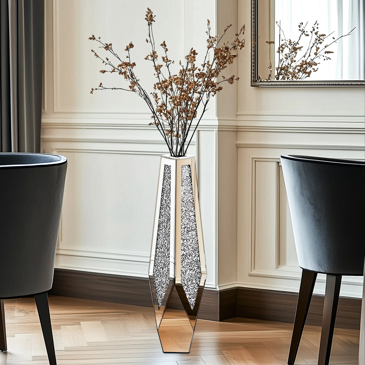 Tall Floor Mirror Vase, Large Crushed Diamond Glass Vase