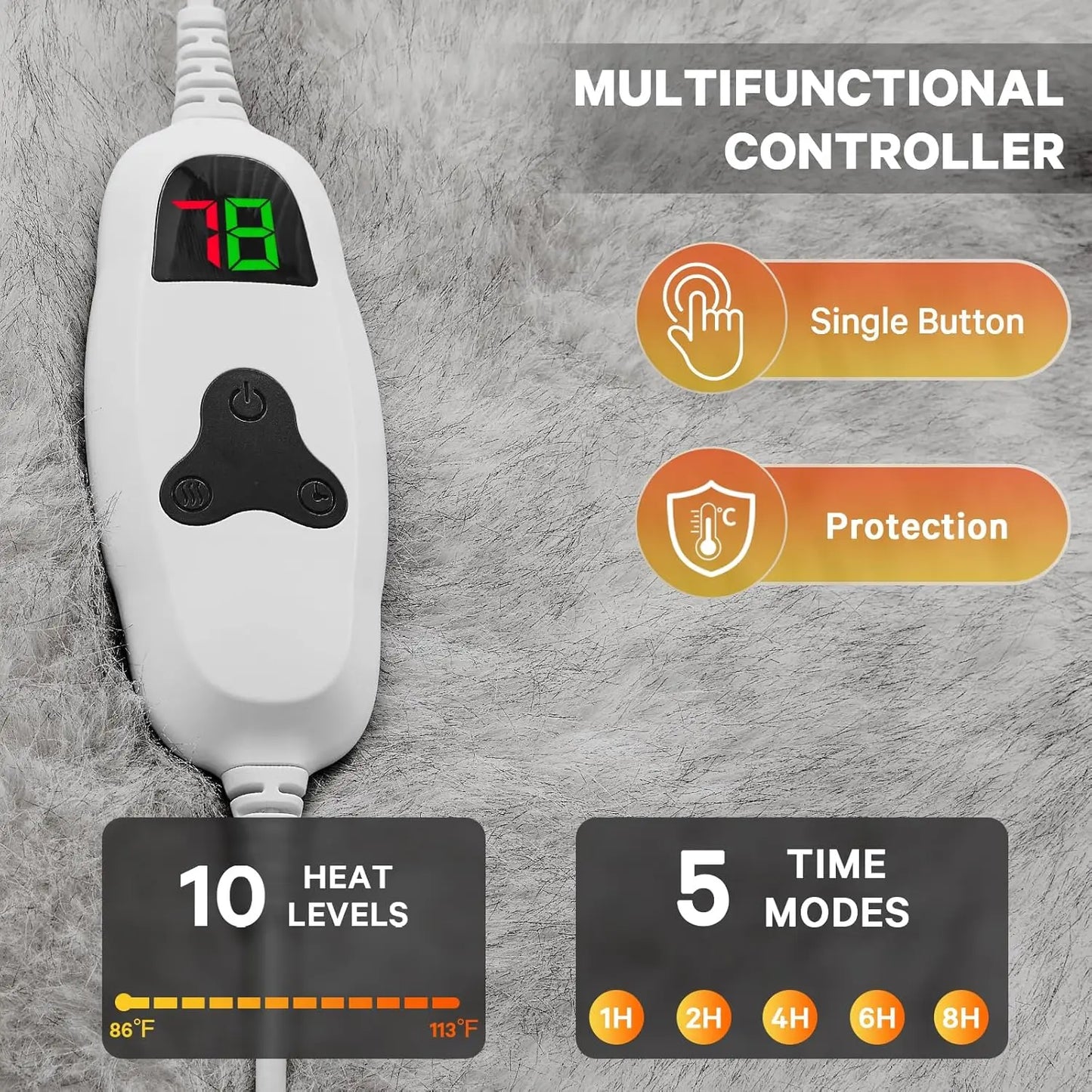 Faux Fur Heated Blanket 50'x60', 10 Heat Settings, 8H Auto Off - White