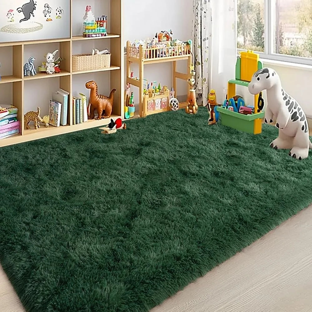 Large Area Rugs 8x10 Dark Green Fluffy Shaggy Plush Soft
