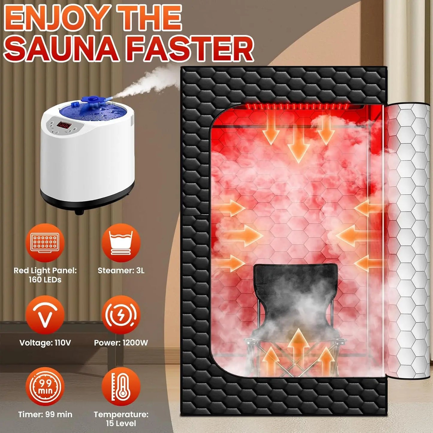 Portable Infrared Sauna with Red Light Therapy, 160 LEDs,