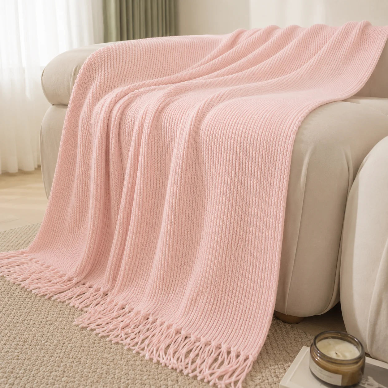 Textured Knit Throw Blanket with Tassel Fringe, Soft Knitted Decorative Blanket,