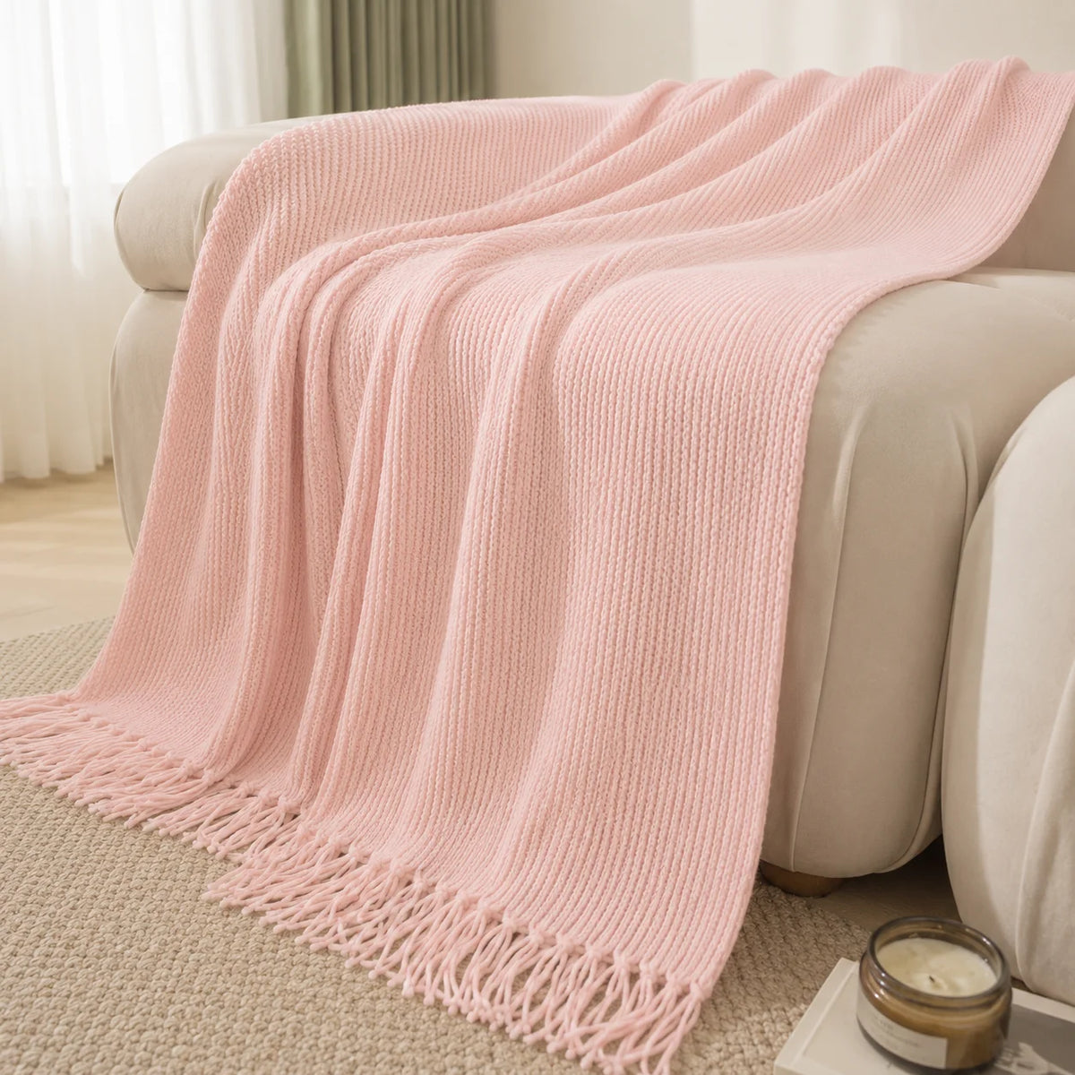 Burnt Orange Herringbone Textured Knit Throw Blanket with Tassel Fringe