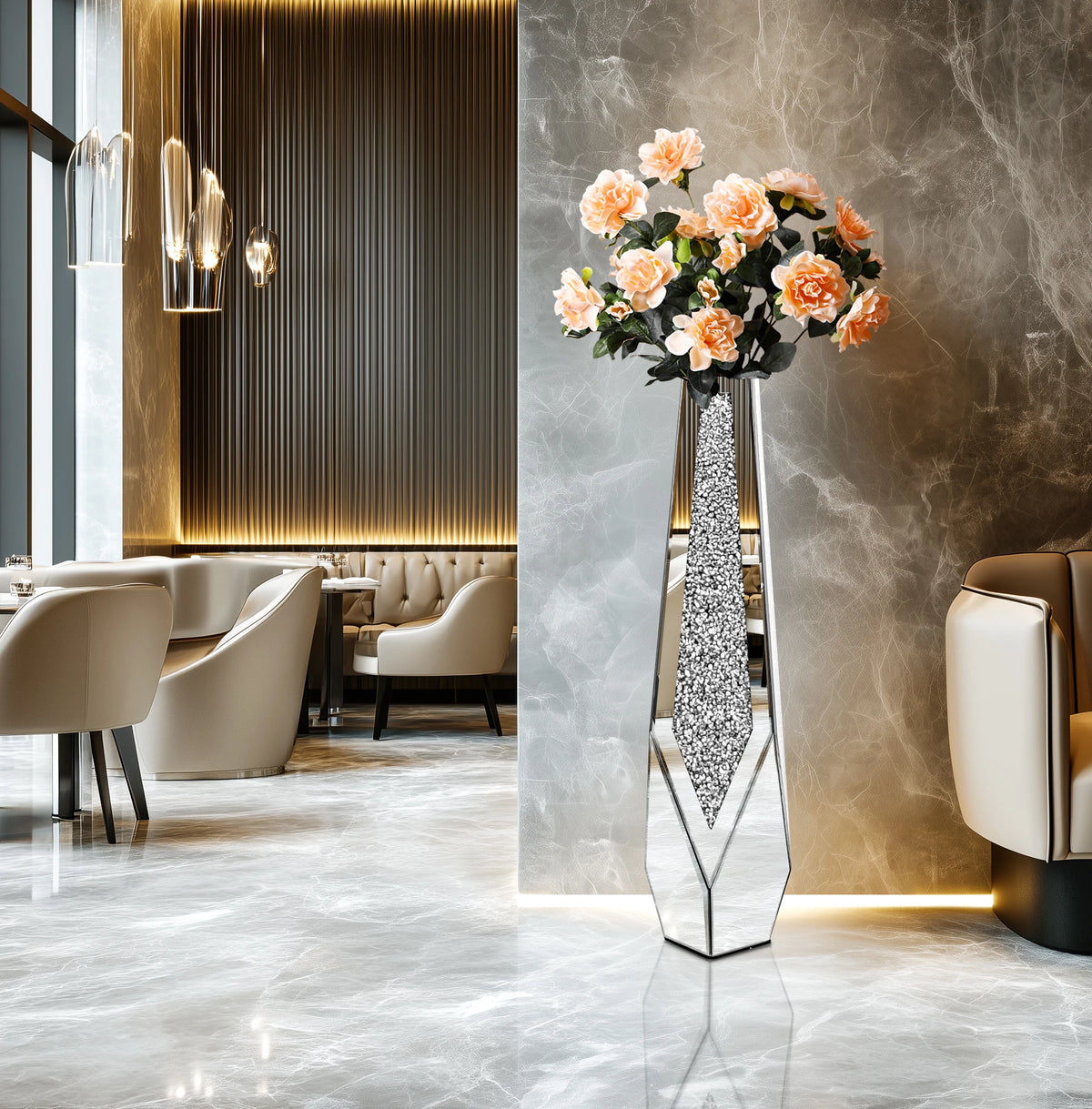 Tall Floor Mirror Vase, Large Crushed Diamond Glass Vase