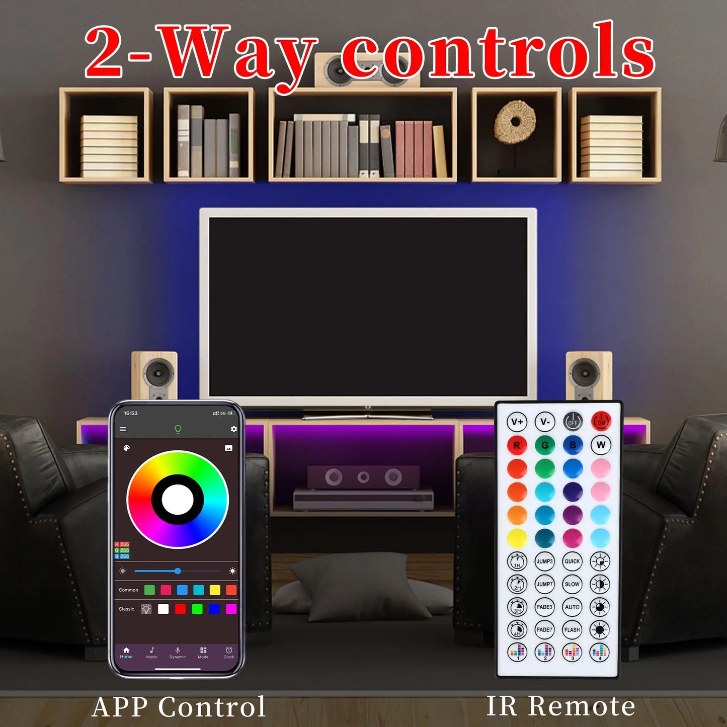 16ft/49ft/98ft/196ft Long LED Strip Lights - Color-Changing RGB Music Sync LED Rope
