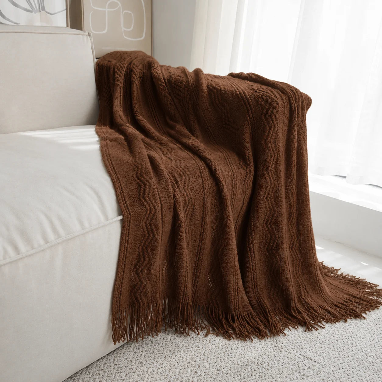 Dark Brown Wavy Chevron Textured Knit Throw Blanket with Tassel Fringe,