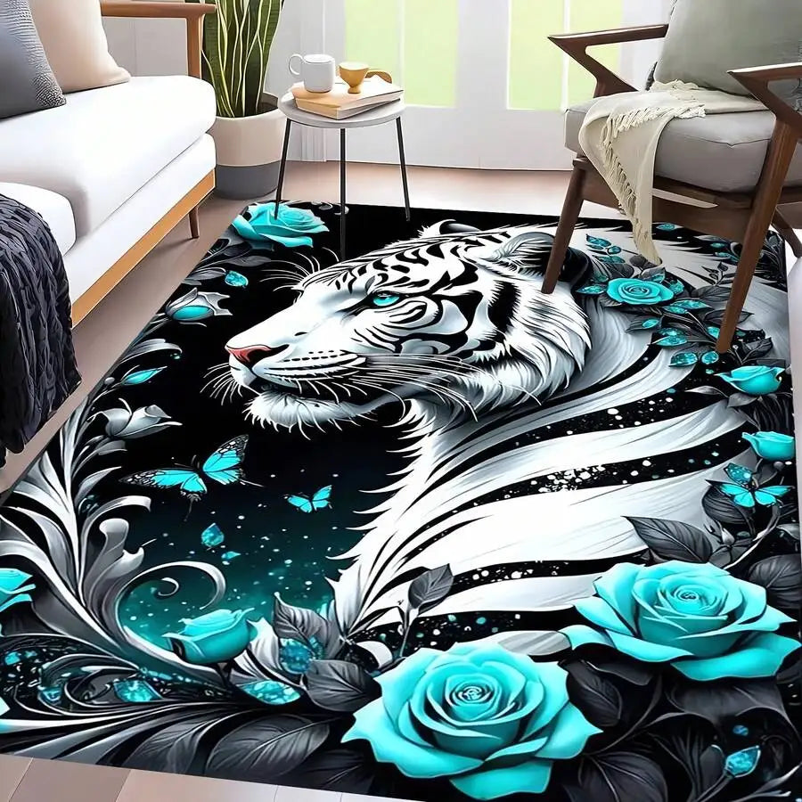 Pink Tiger Floral Pattern Flannel Rug, 2D Digital Print, Non-Slip