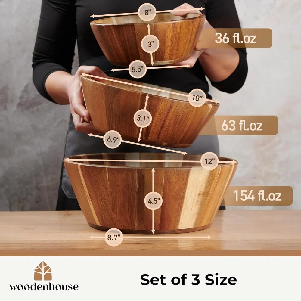 Wooden Bowls, Wooden Salad Bowl Set of 3 - Round