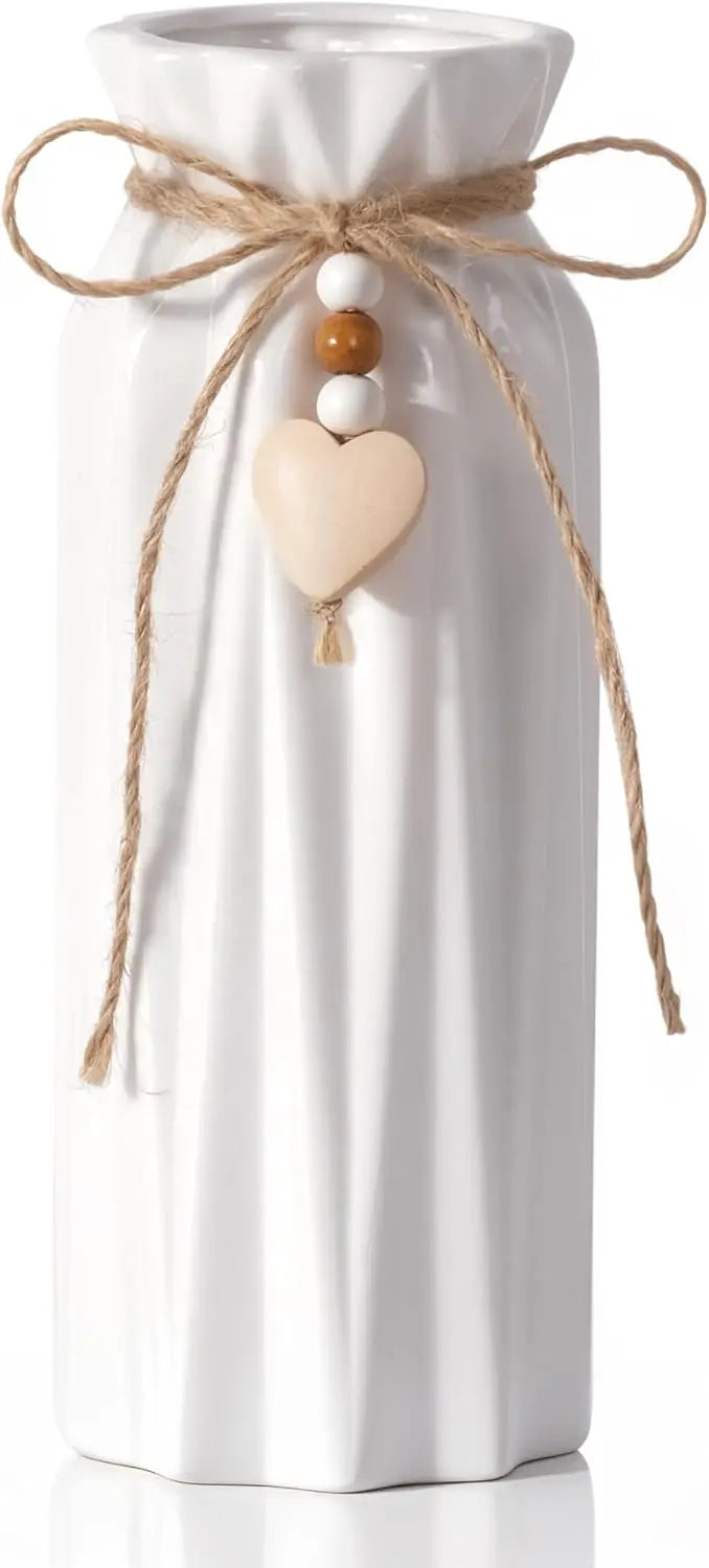 8 Inch Geometric Ceramic Vase with Jute Rope & Heart Charm