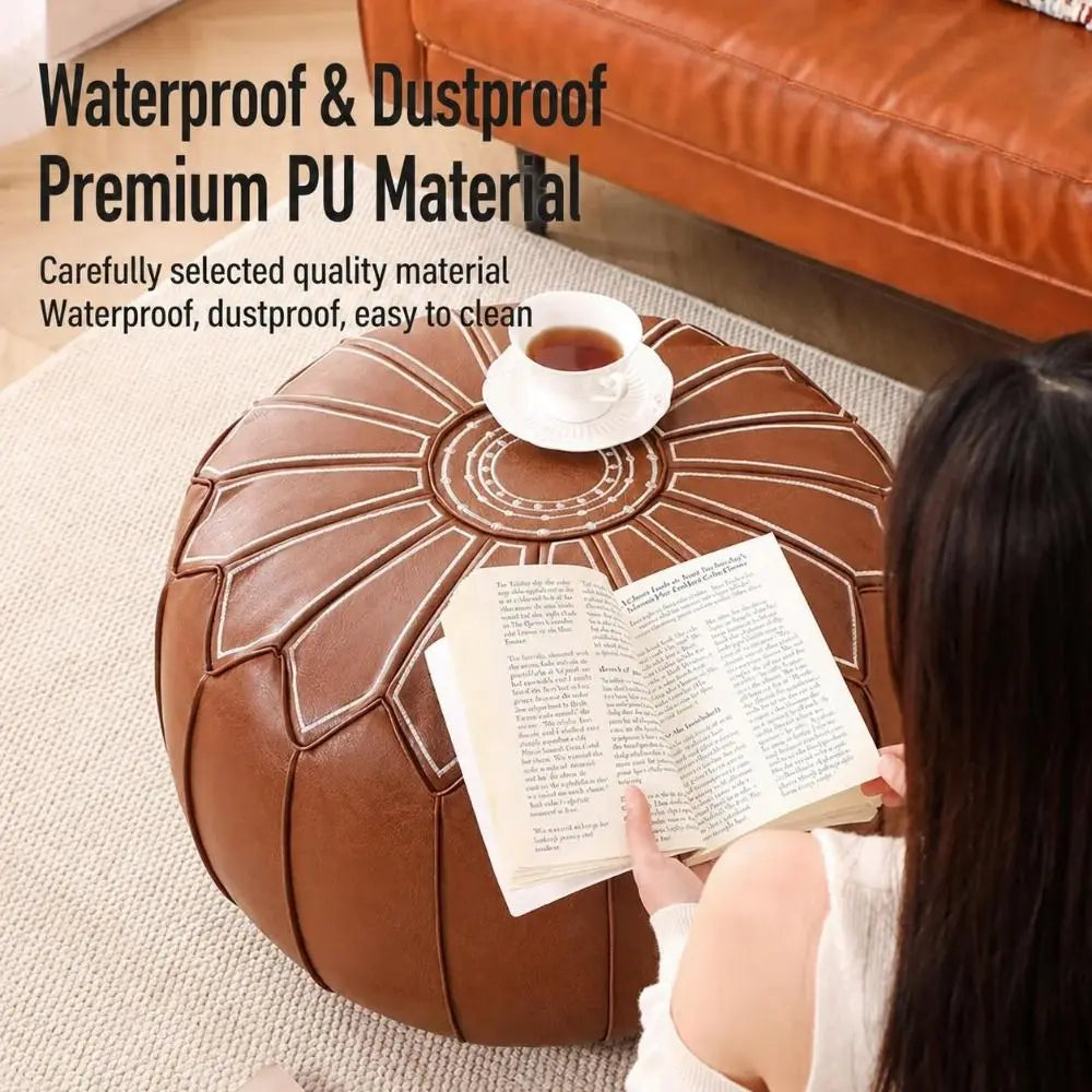 PU Leather Fillable Ottoman Pouf Embroidered Pattern