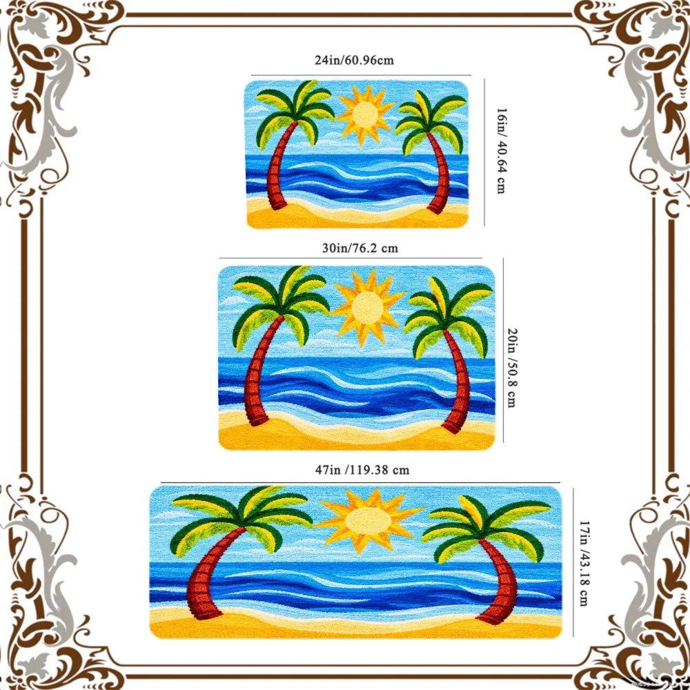 3PCS Rugs,Tropical Palm Tree Sun And Ocean Waves Pattern Dining Mat