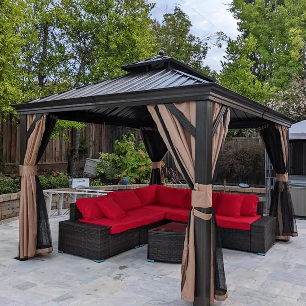 10' X 12' Hardtop Gazebo Canopy with Netting and Curtains for Outdoor Deck Backyard Heavy Duty Sunshade Outside Meta