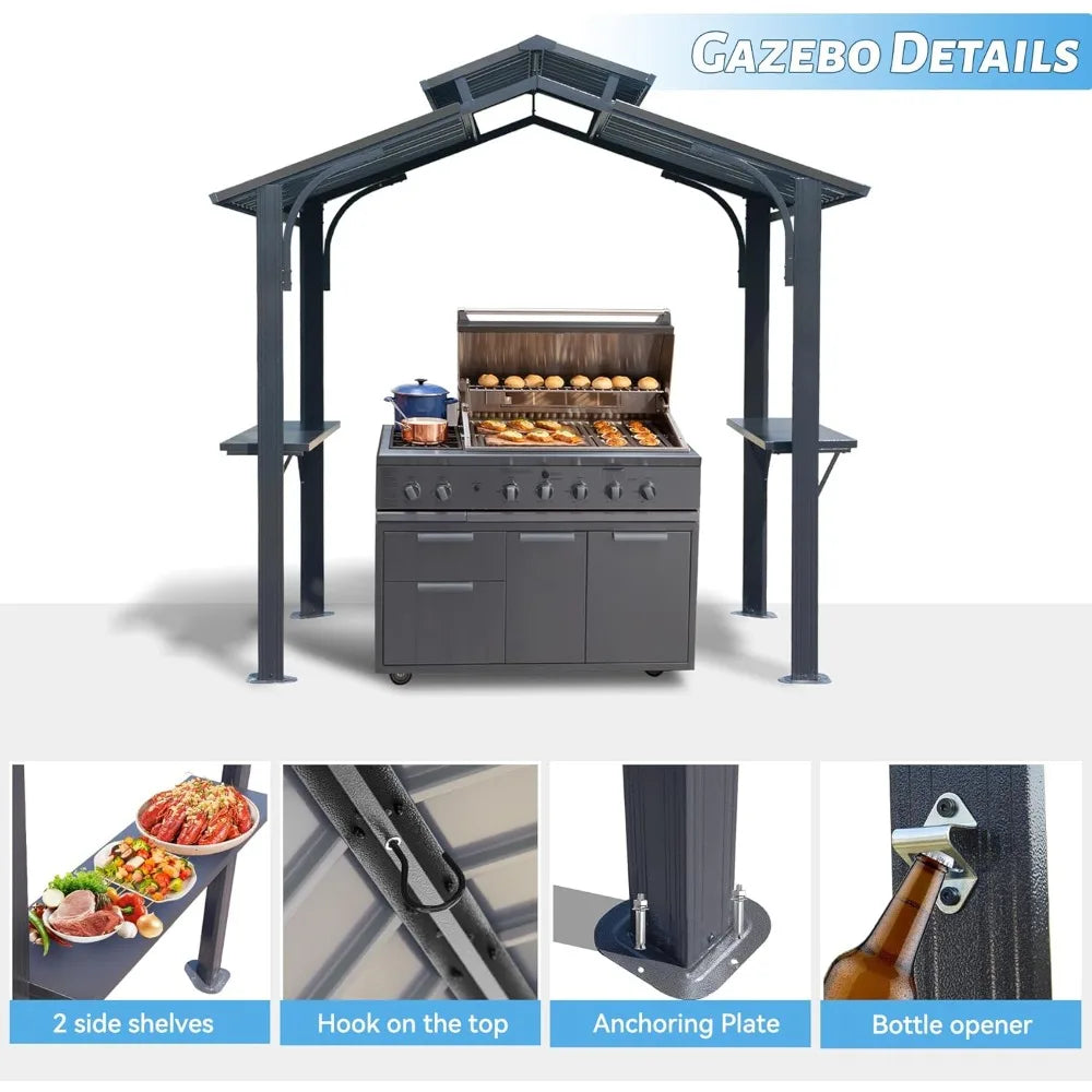 8x5FT Hardtop Grill Gazebo, 2 Side Shelves and Ceiling Hook,