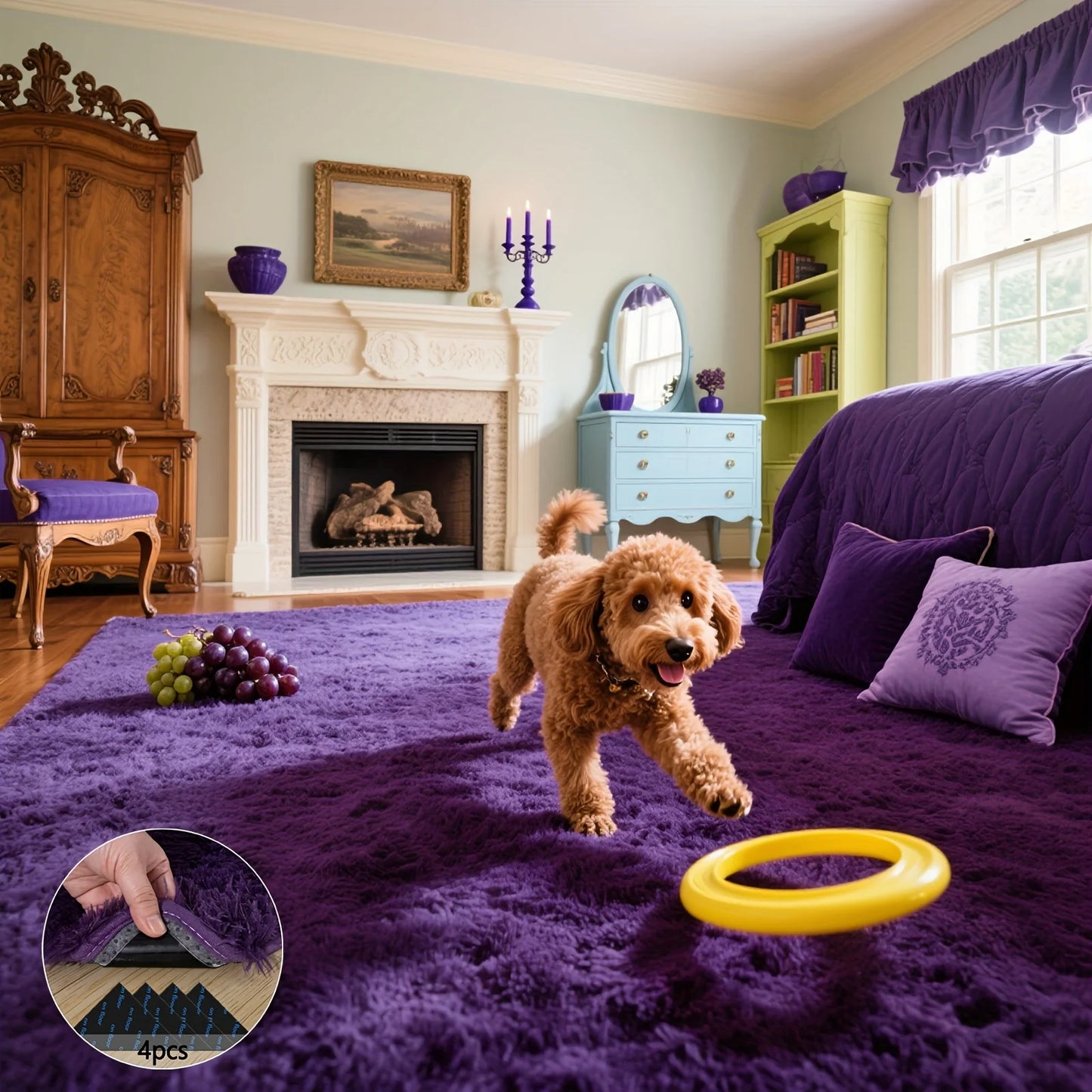 Room Decor Rug,Purple Fluffy Soft Shaggy Non-Slip - 4 Rug Stickers