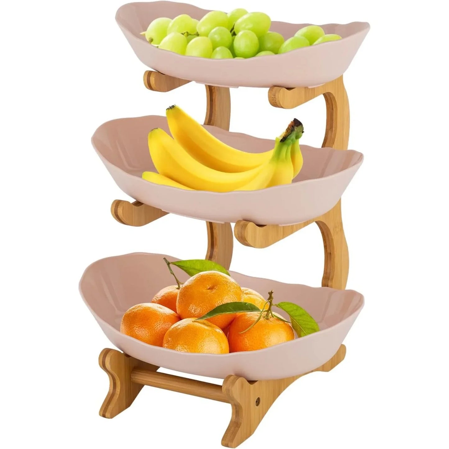 3 Tier Plastic Fruit Bowl W|Bamboo Countertop Stand,