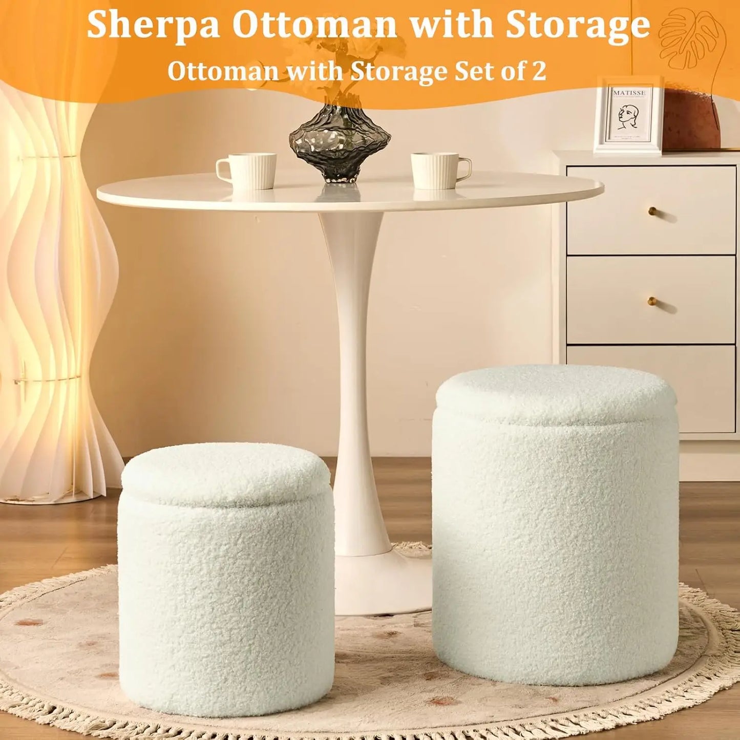 Round Set of 2 Ottoman with Storage Sherpa Storage