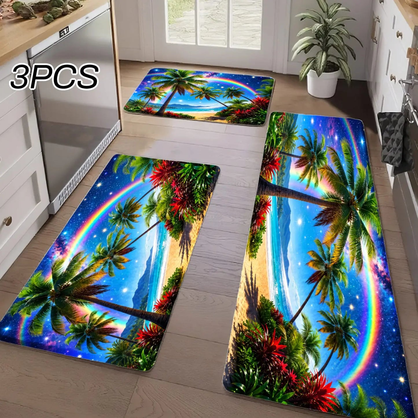 3PCS Kitchen Rugs, Tropical Palm Trees Rainbow Beach Sunset