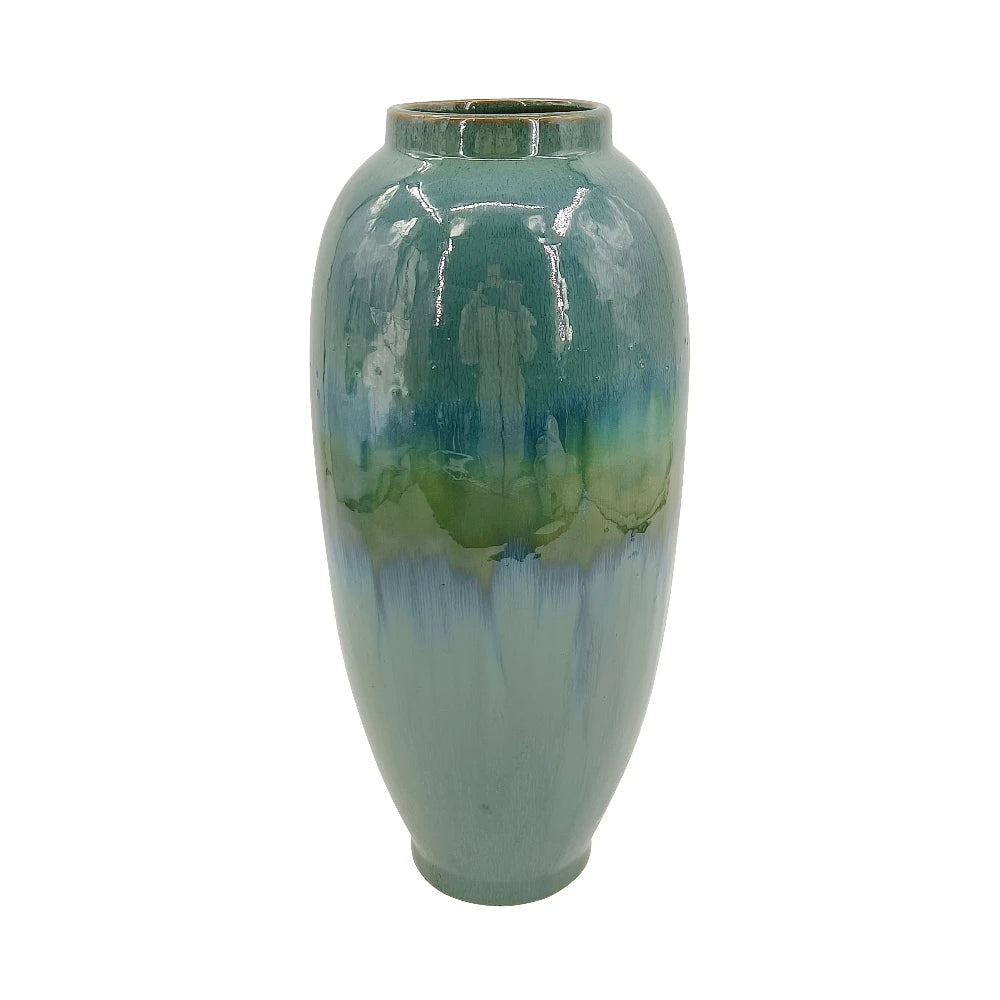 D7x15.9" Decorative Ceramic Vase with Blue Green Reactive Glaze Flowers