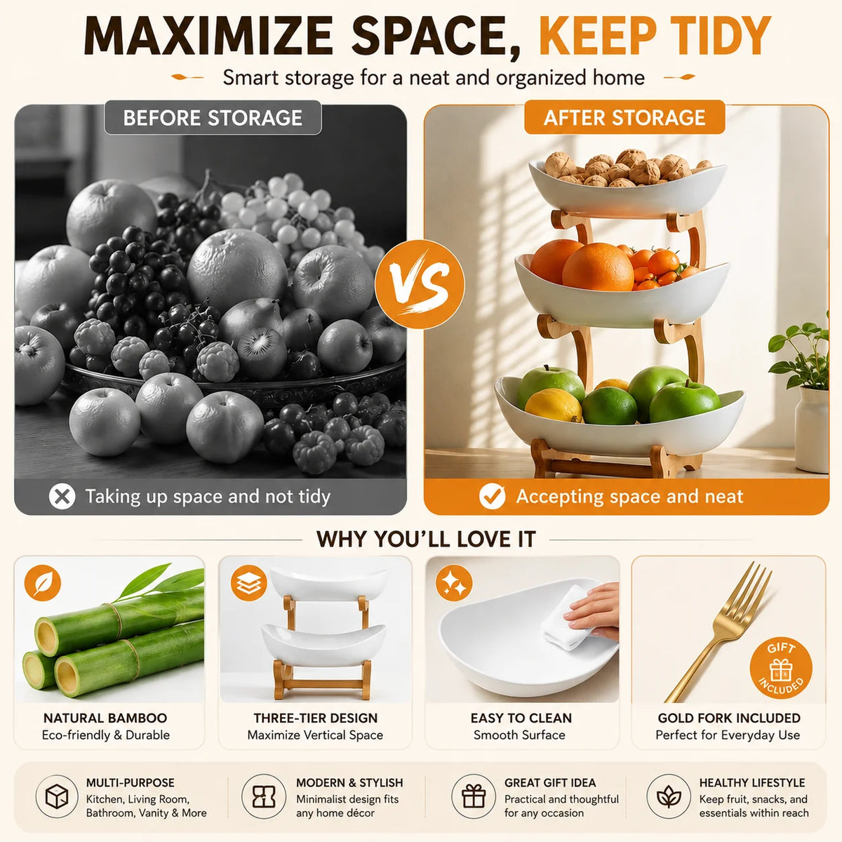 2/3-Tier Fruit Bowl with Stand, Plastic Fruit Basket with Bamboo Frame f