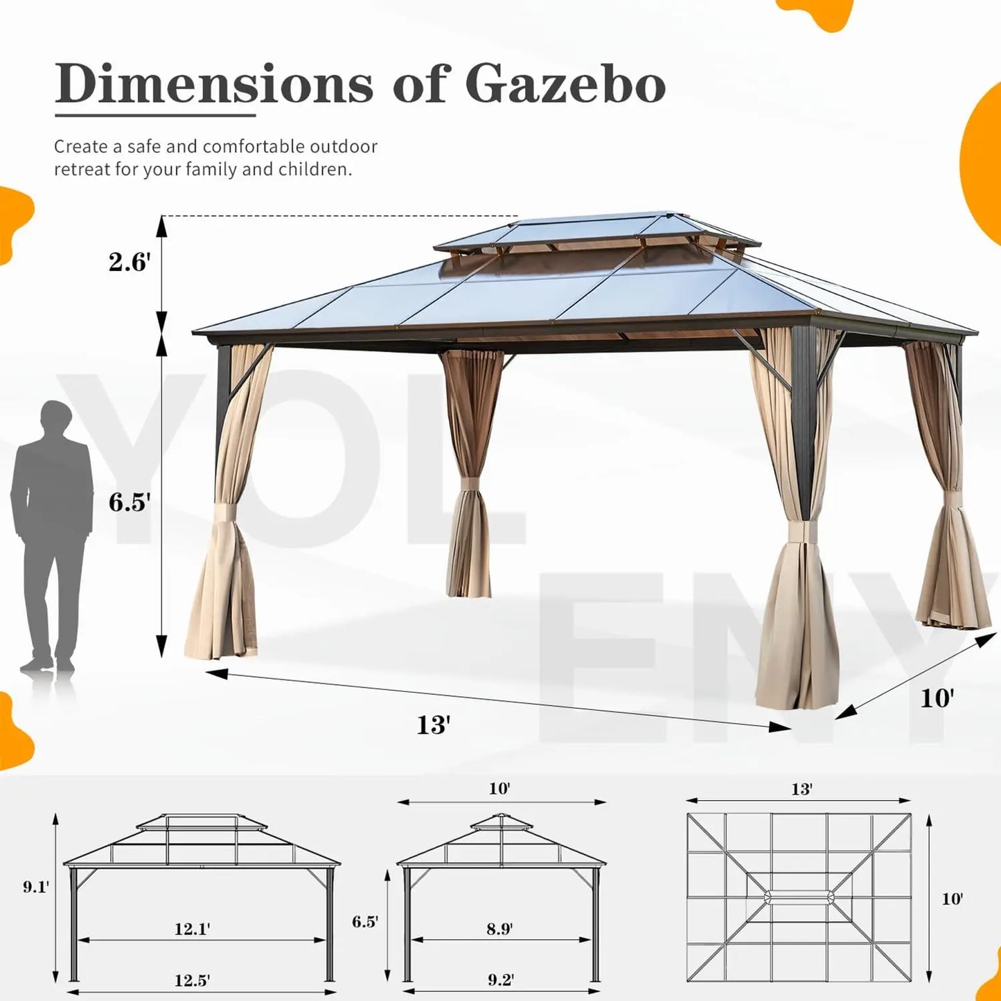 10'x13' Hardtop Gazebo, Outdoor Double Roof Canopy