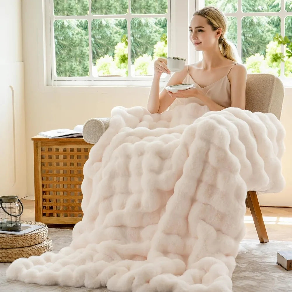 Faux Fur Throw Blanket Cozy Plush Fluffy Soft Thick Bubble Blanke