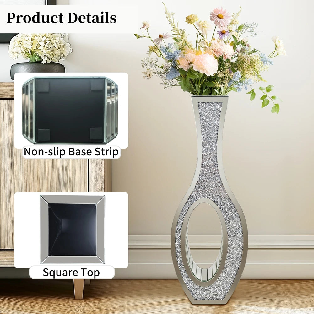 Tall Silver Mirrored Vase Decorative Crush Diamond Floor Grass Vase