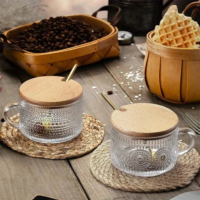 4-piece set of 15.2oz/450ml glass cups and wooden lids