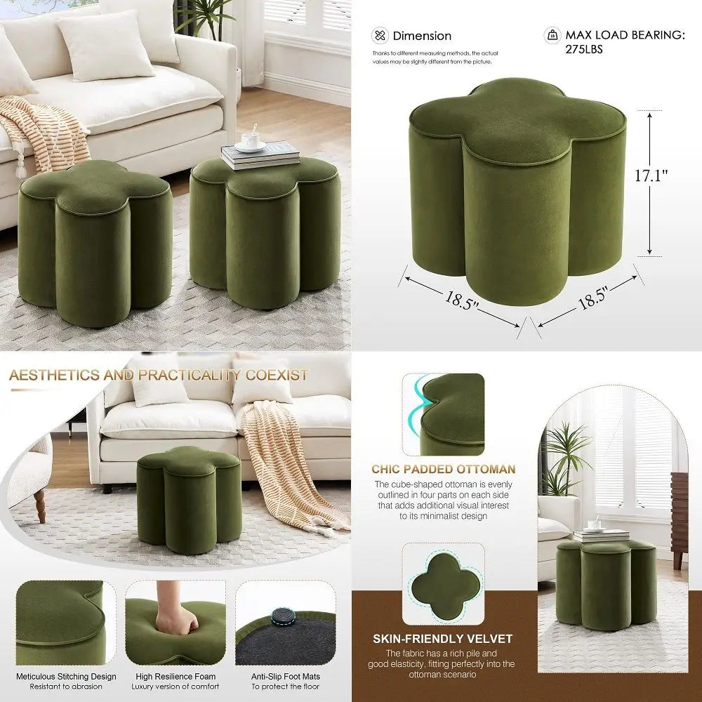Flower Pouf Ottomans Foot Rest Set of 2, Velvet Fabric