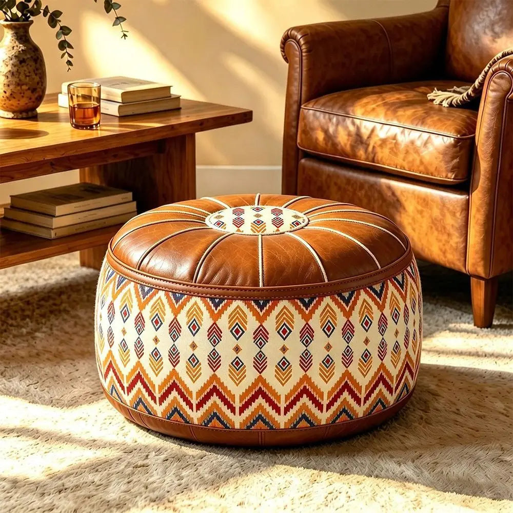 Leather Fillable Ottoman Pouf Embroidered Pattern Moroccan Style, Storage