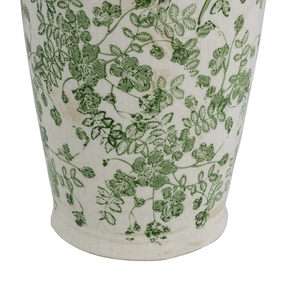 6.5x6.5x11.6" White Ceramic Flower Vase with Green Floral Pattern