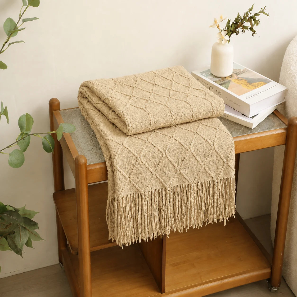 Cream Popcorn Bobble Textured Knit Throw Blanket with Tassel Fringe,