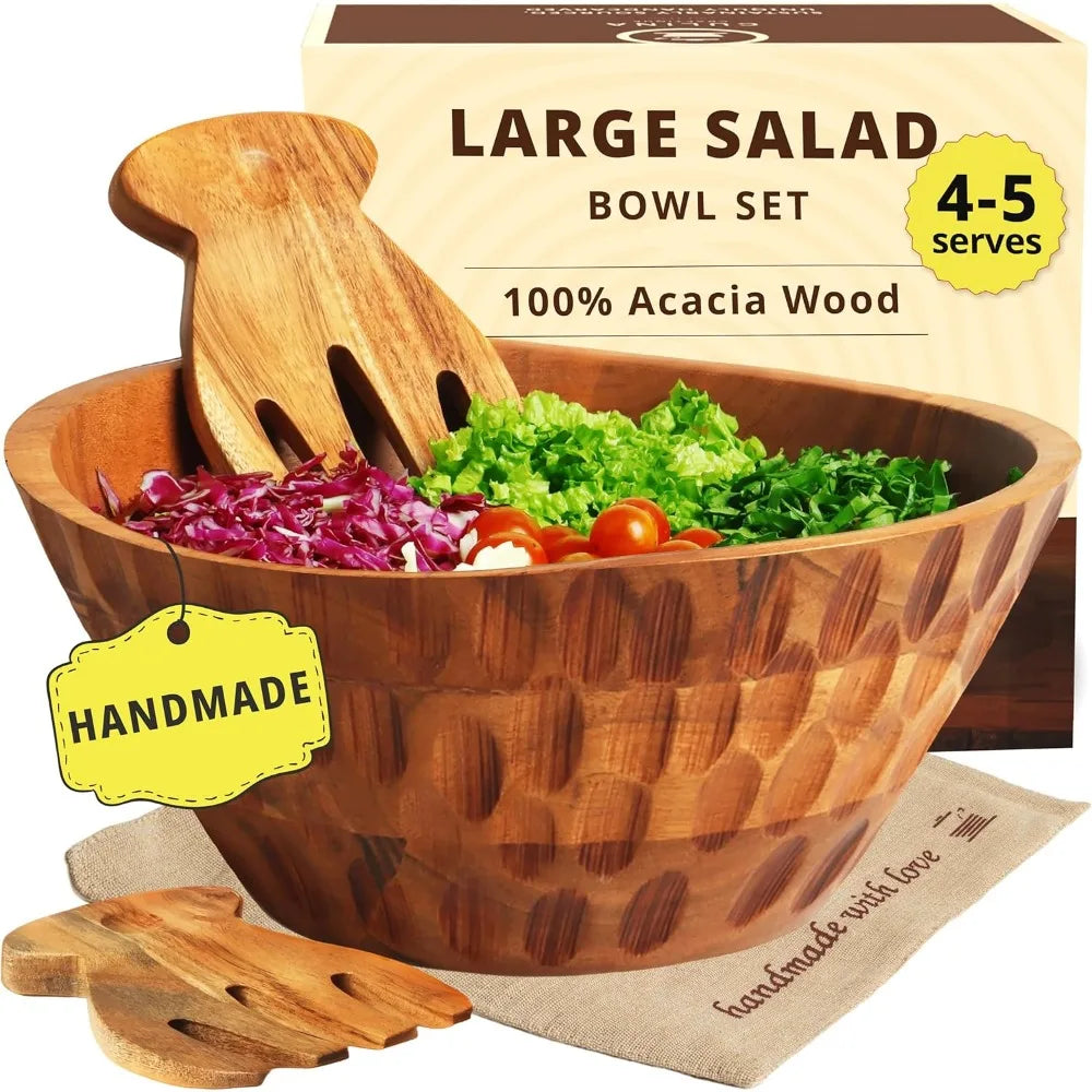 Large Acacia Wood Salad Bowl Set - Utensils and Placemat