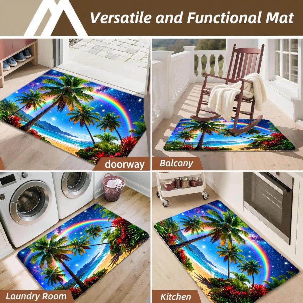 3PCS Kitchen Rugs, Tropical Palm Trees Rainbow Beach Sunset