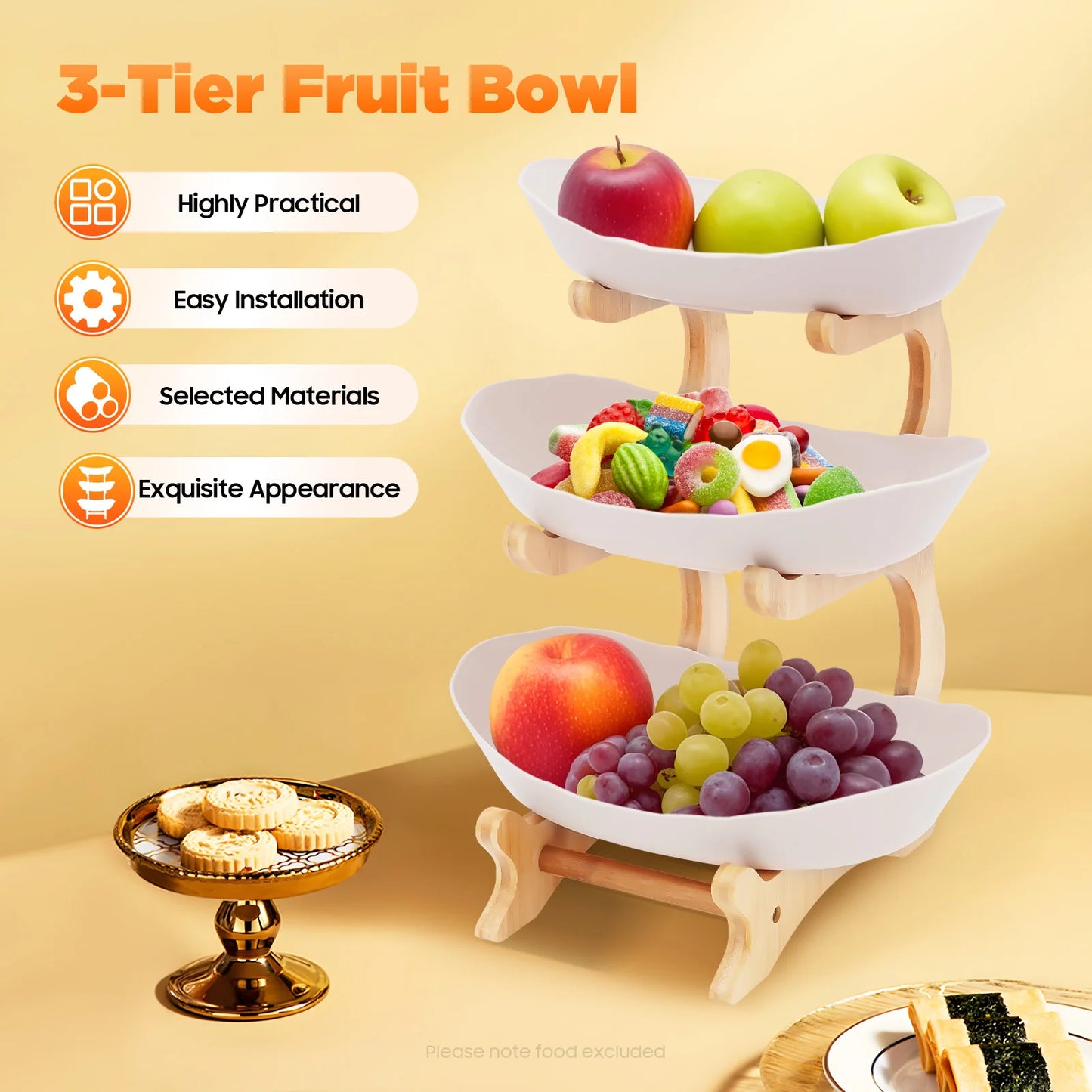 3-Tier Fruit Plate,Snack Dessert Cake Tray Plate Rack for Party Wedding,Fruit Bowl W/ Bamboo Wood Stand,Candy Dish Cake Stand
