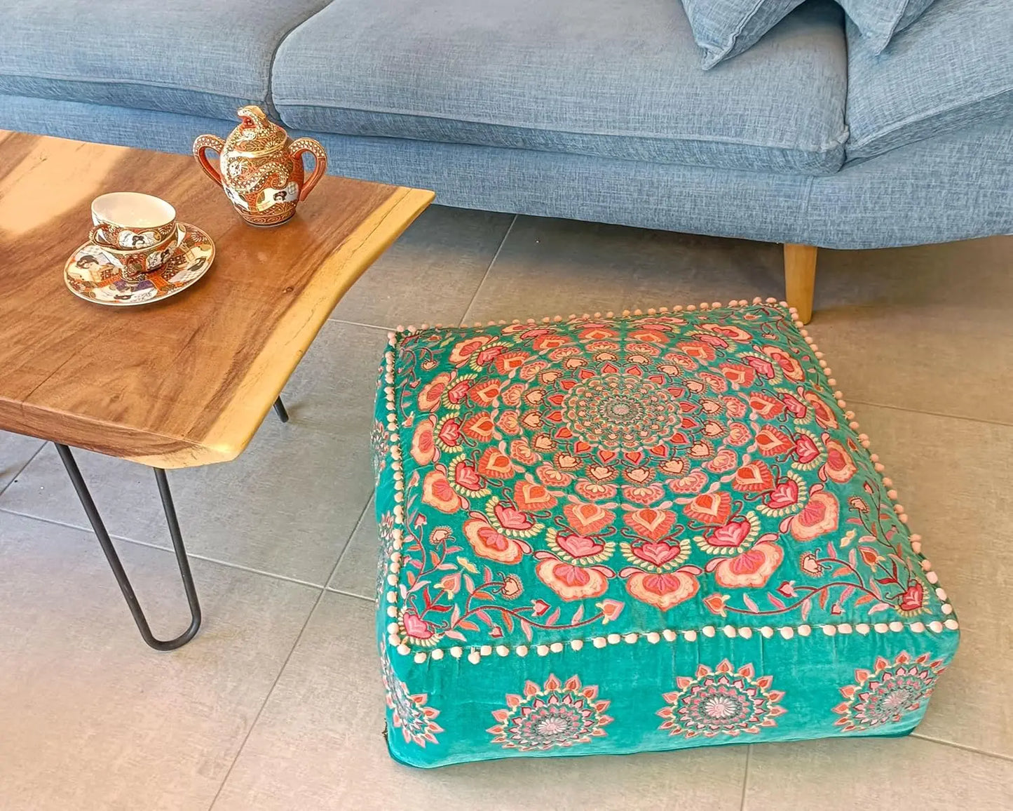 Mandala Life Art Turquoise Velvet Pouf Cover -24X24X8 Inches