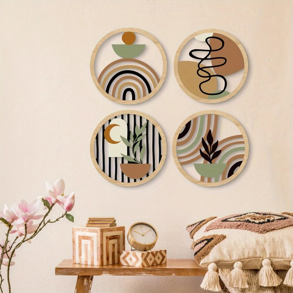 4Pcs Boho 2D Wave Wall Art Round Wooden Hanging Signs