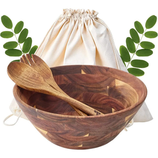 Large Acacia Wood Salad Bowl Set with Utensils, 12.5"