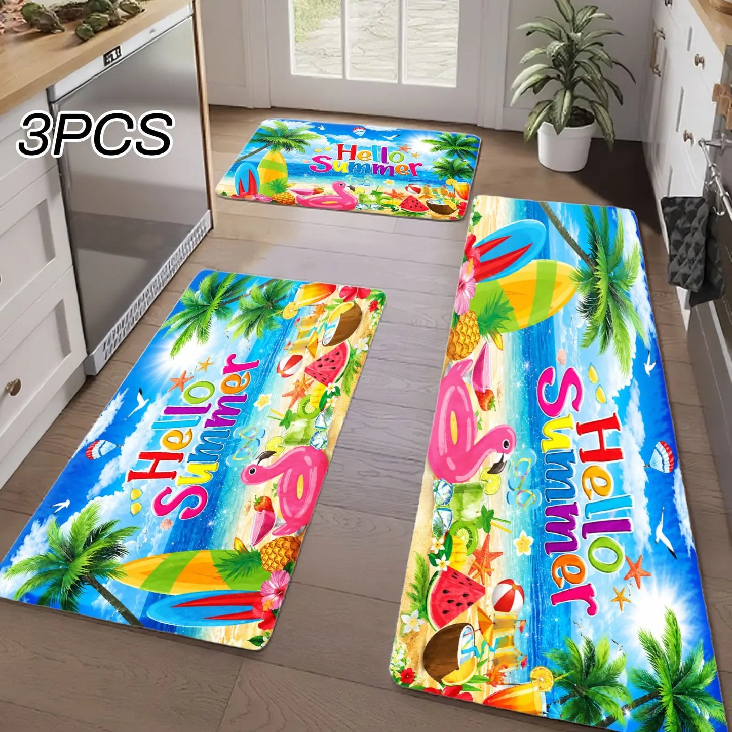 3PCS Rugs,Hello Summer Palm Trees Beach Ball Watermelon Dining Mat