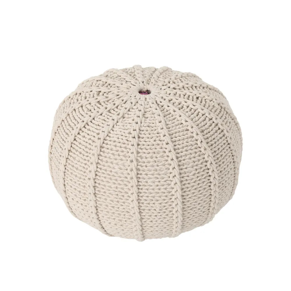 Knitted Cotton Round Pouf, Beige stool