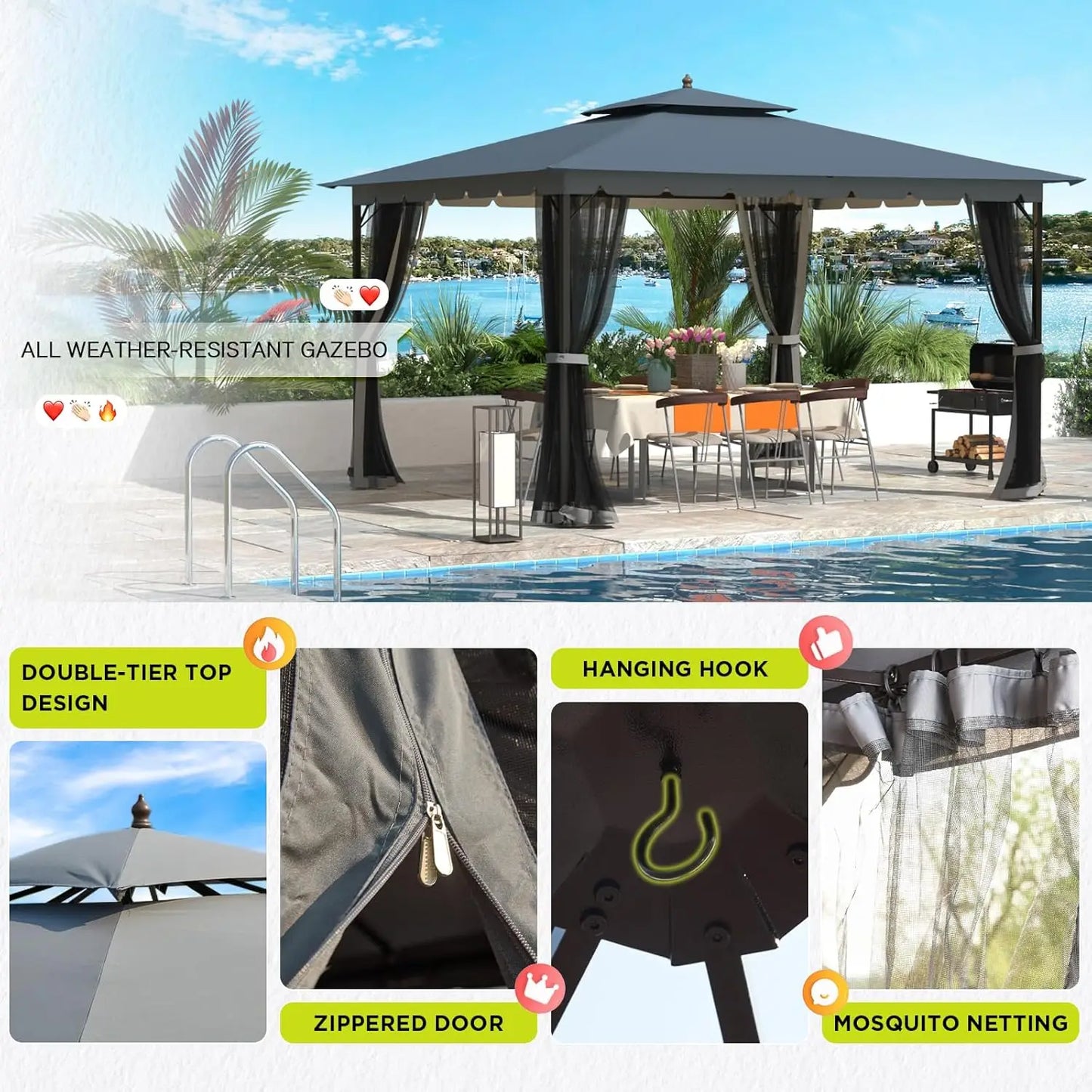 10x12 Gazebo, Metal Outdoor Patio Gazebo[Heavy Duty Frame]