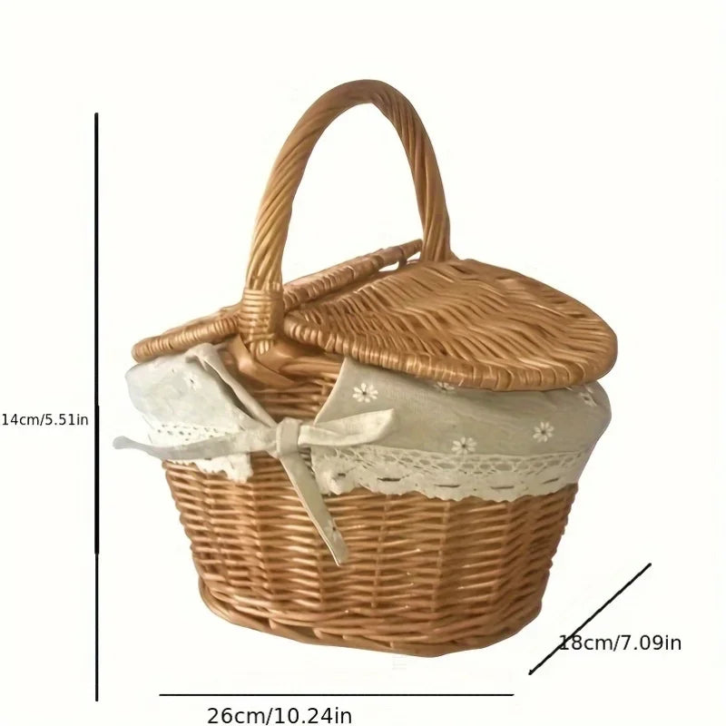 Wicker Basket, Handle Double-Lid Large Camping Picnic