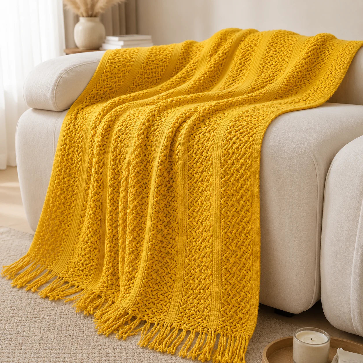 Textured Knit Throw Blanket with Tassel Fringe, Soft Knitted Decorative Blanket,