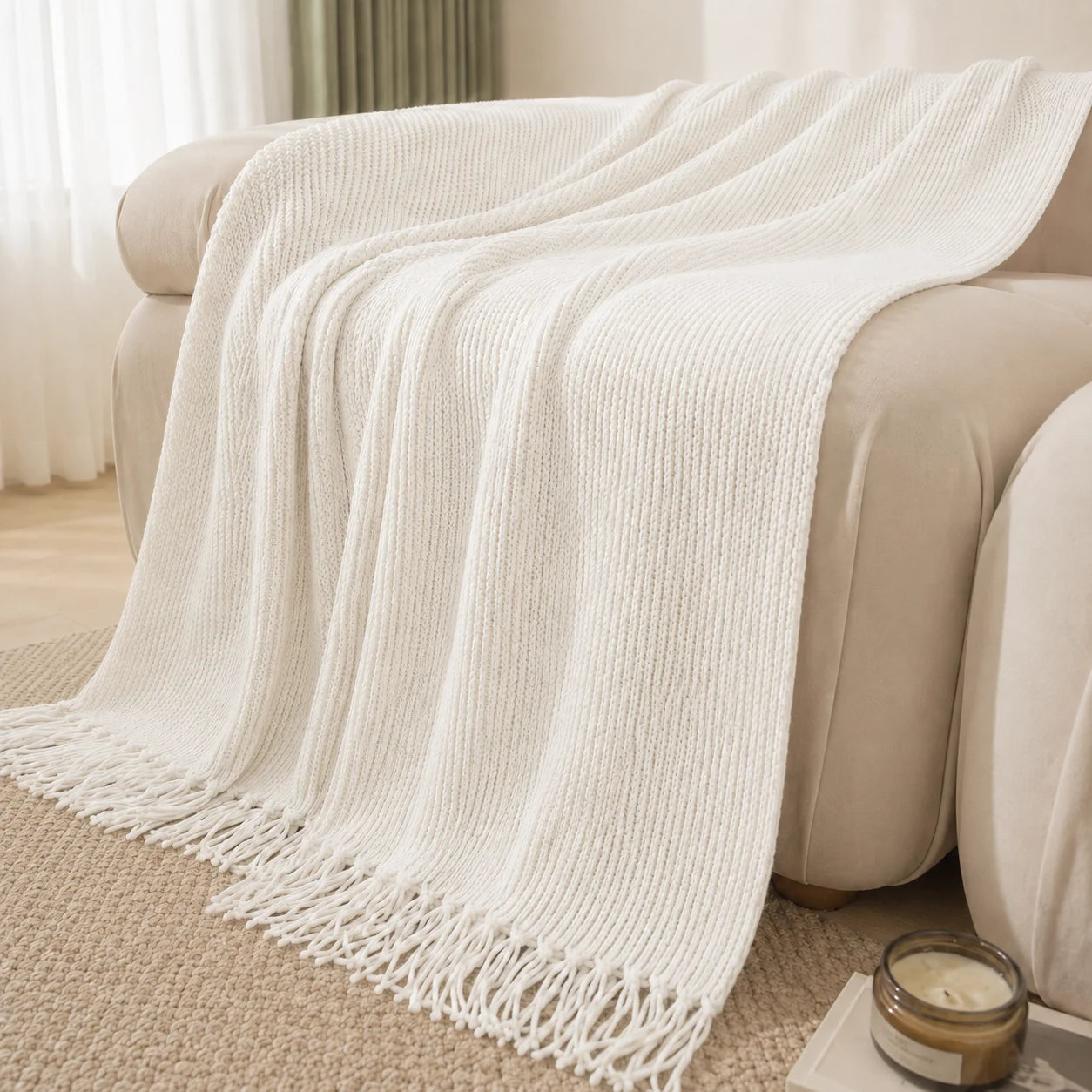 Textured Knit Throw Blanket with Tassel Fringe, Soft Knitted Decorative Blanket,