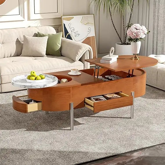 47.2-Inch Lift Top Coffee Table - Hidden Storage - Rotating Round Tray