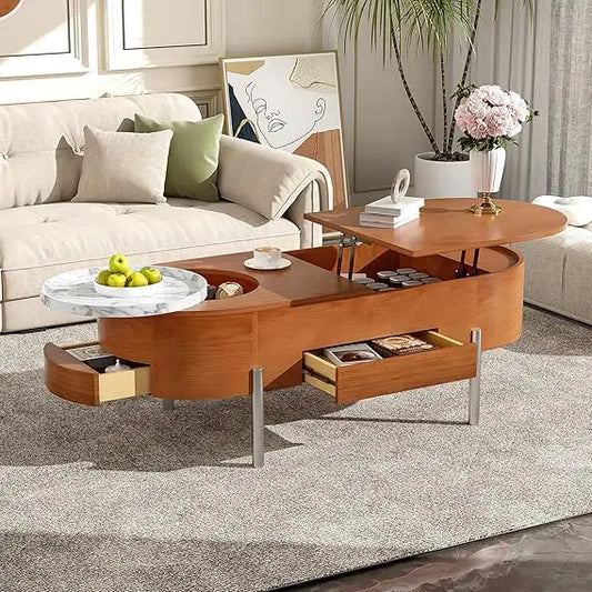 47.2-Inch Lift Top Coffee Table - Hidden Storage - Rotating Round Tray