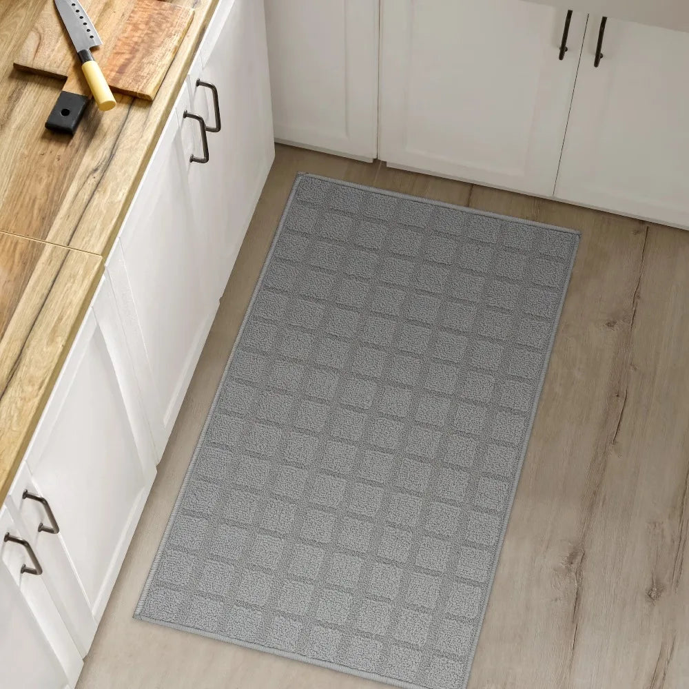 Area Rug Gray Woven Grid Machine Washable