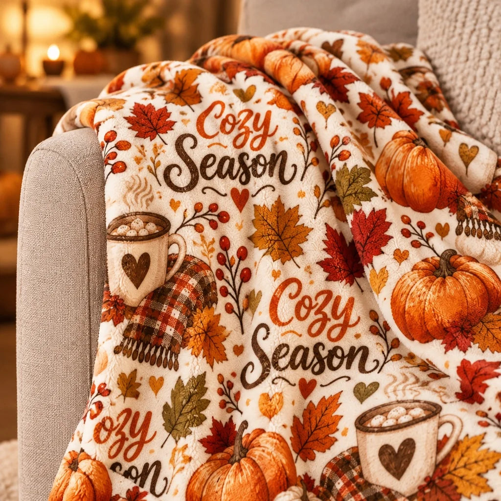 Autumn Harvest Throw Blanket, Fall Leaves & Pumpkin  Warm Blanket