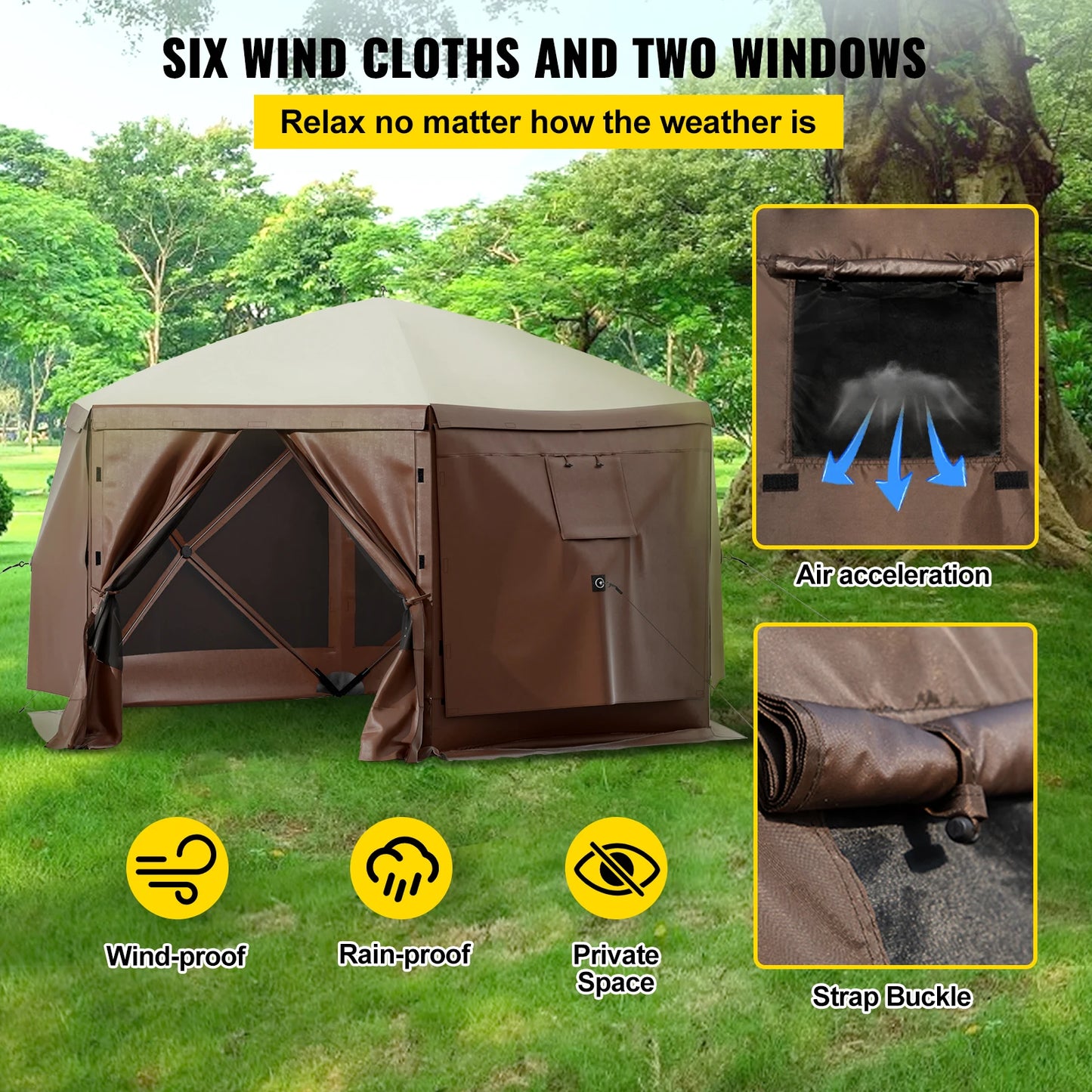 Pop-up Camping Gazebo 6 Sided 12' x 12' / 10' x 10'